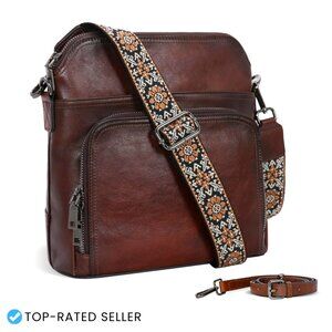 Leather Crossbody Bag Multi Pocket Medium Shoulder Purse Lightweight Travel